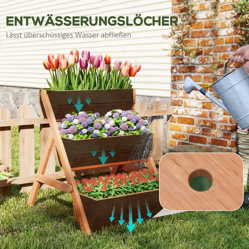 Outsunny Verticaal Verhoogd Tuinbed met 3 Lagen - Houten Plantenbak met 3 Bakken en Afvoergaten - Bruin