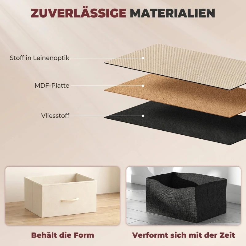 HOMCOM Slaapkamerladekast met 8 stoffen laden, stalen versteviging, houten bovenblad, 4 opbergvakken en 2 haken, beige