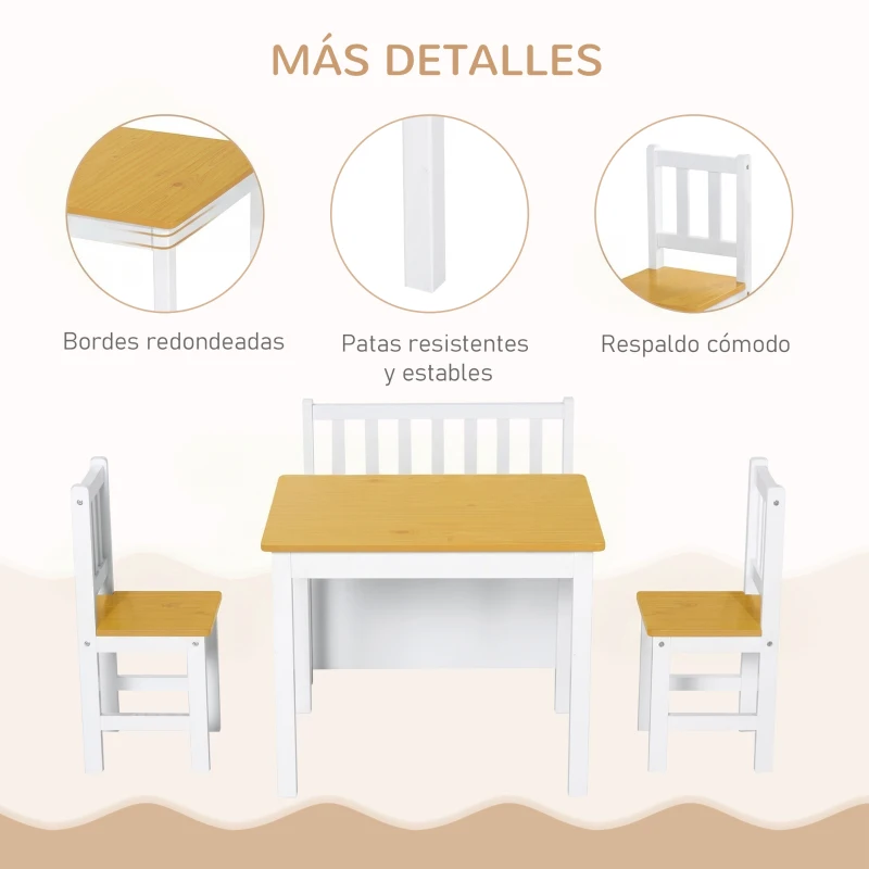 HOMCOM Mesa y Sillas Infantiles de 4 Piezas Mesa Infantil con 2 Sillas y Banco con Almacenaje Juego de Muebles para Actividades para Niños de +3 Años para Dormitorio Sala de Juegos Blanco y Natural