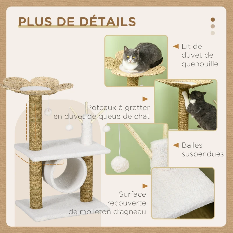 PawHut Arbre à chat griffoir sisal naturel tunnel plateforme style cosy chic quenouille peluche polyester 56 x 40 x 91cm beige