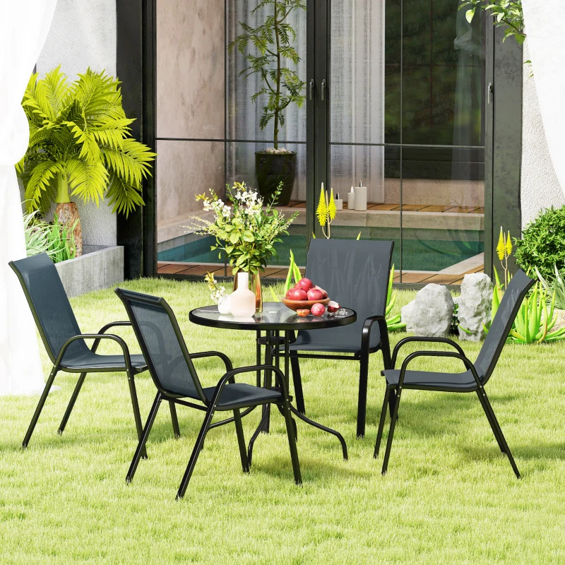 Outsunny Five-Piece Steel Patio Set, with Glass-Top Table - Dark Grey