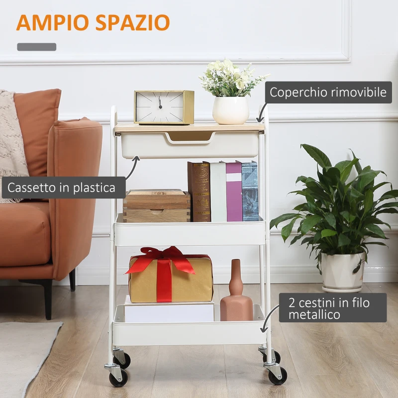 HOMCOM Carrello Cucina Multiuso con Ruote Girevoli, 2 Cesti, Cassetto e Piano in Legno, Bianco