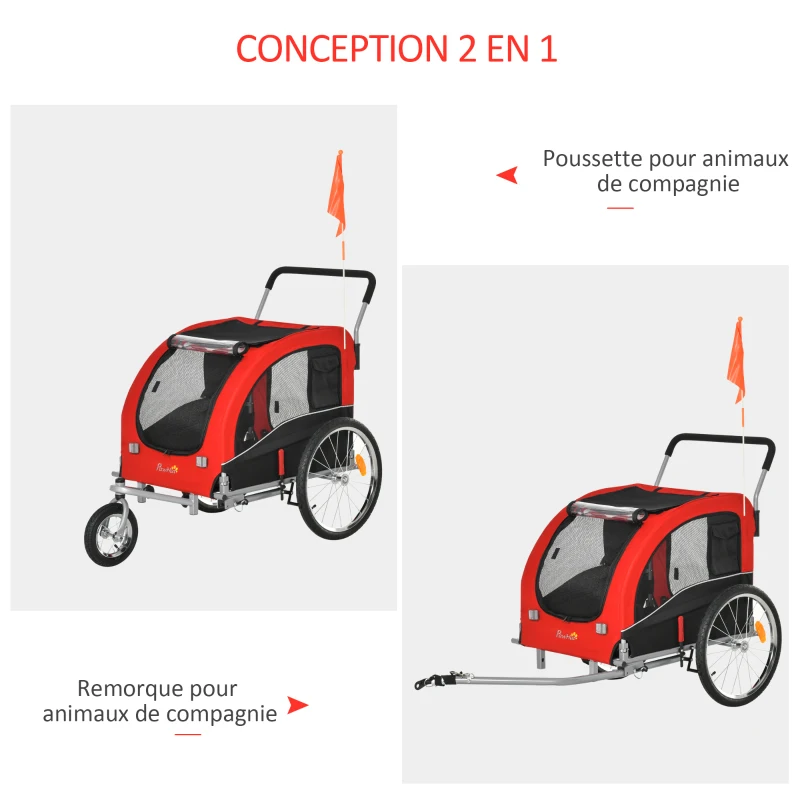 PawHut Remorque à vélo et poussette pour animaux de compagnie conception 2 en 1 pliable en tissu Oxford 4 réflecteurs drapeau inclus 162 x 74 x 85 cm rouge et noir