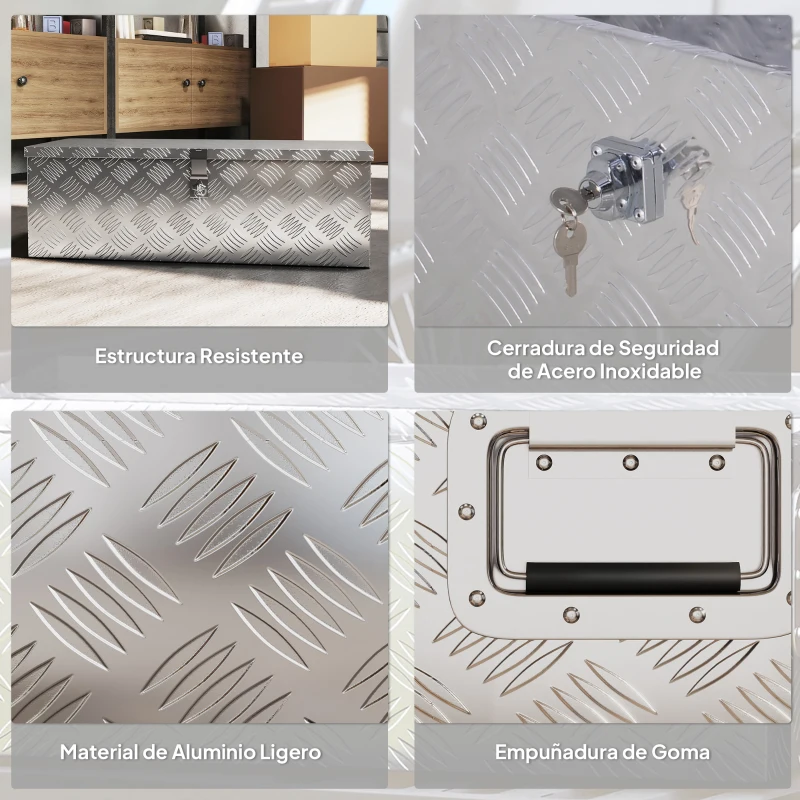 HOMCOM Caja de Herramientas de Aluminio con Asas Retráctiles Cierre con Llave y Gran Capacidad de Almacenaje 76x33x25 cm Plata
