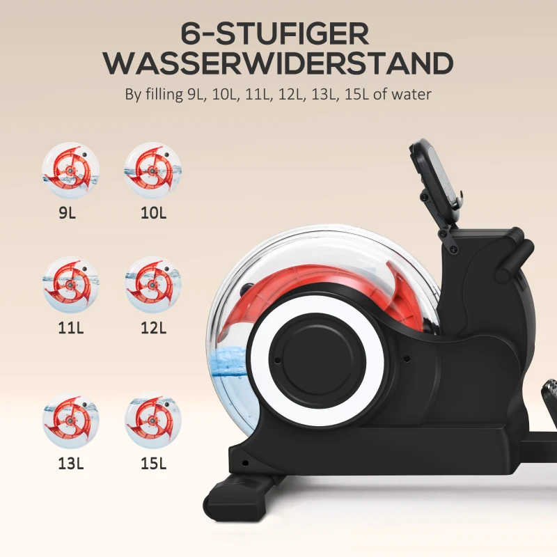 SPORTNOW Wasserrudergerät, klappbar, 6 Widerstände, Display, Handyhalterung, bis 120kg, Metallgestell, Schwarz