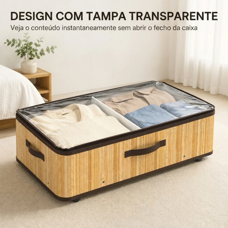 HOMCOM Conjunto de 2 Caixas de Arrumação para Debaixo da Cama com Rodas, 60 L, Tampa Transparente e Asa, Estrutura Metálica, 78,5x43x23 cm, Natural