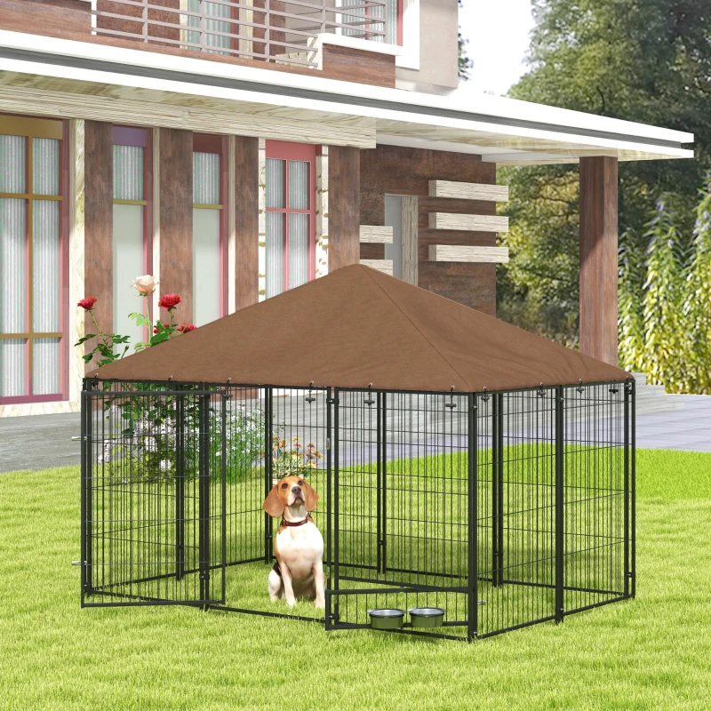 PawHut Recinto per Cani in Metallo e Tessuto Oxford con Porticina per Ciotole, 211x141x151 cm, Nero e Marrone