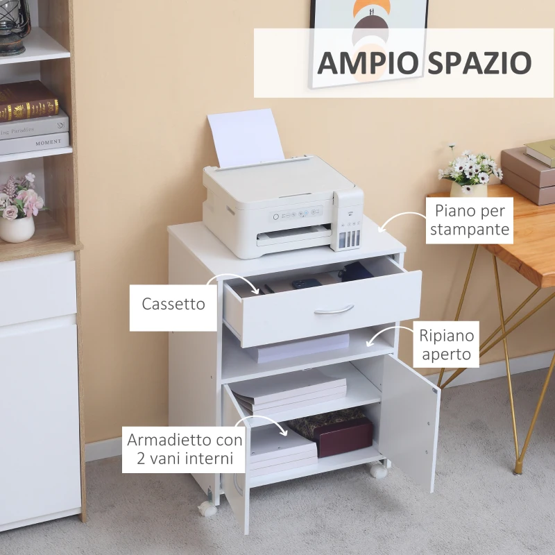 Vinsetto Mobile Porta Stampante con 4 Ruote, Cassetto e Armadietto, 60x39x80cm - Bianco