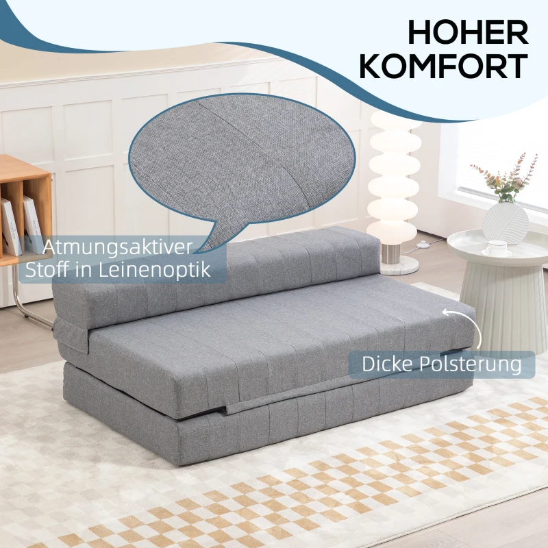 HOMCOM 2-in-1 Bodemsofa – Opklapbaar Slaapbankje voor 2 Personen, Met Linnenlook, Comfortabel en Stevig tot 250 kg, Voor Woonkamer of Slaapkamer, Grijs(m-5)