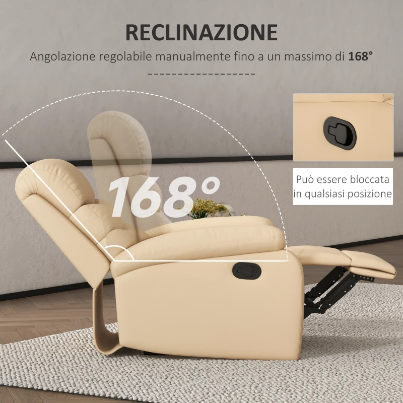 HOMCOM Poltrona Relax Reclinabile con Poggiapiedi in Finta Pelle e Imbottitura in Spugna, 78x90x105cm, Beige