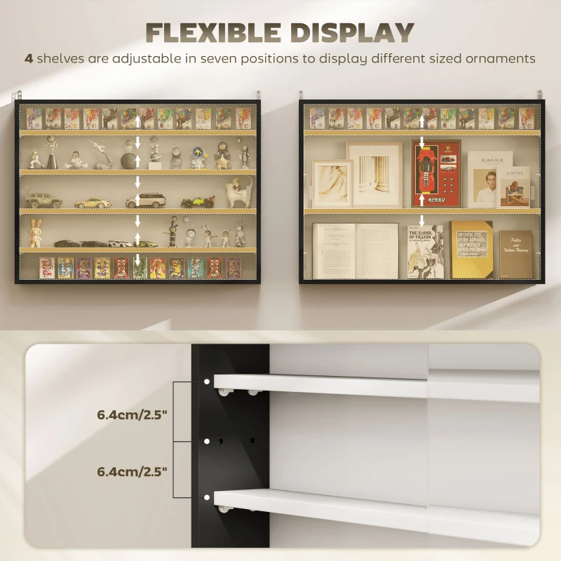 HOMCOM 5-Tier Wall Display Cabinet,  Wall Mounted Display Case w/ 4 Adjustable Shelves, Glass Doors, 60x80cm, Black and White