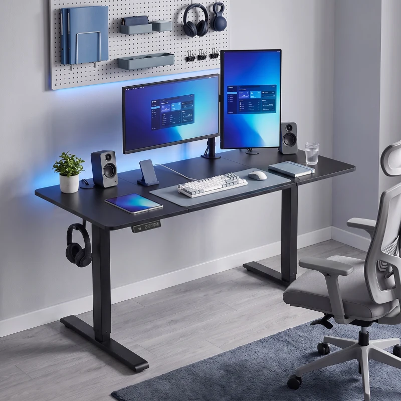 HOMCOM Standing Desk Memory Control Height Adjustable Desk 2 Cable Holes LED Display Sit Stand Desk Black