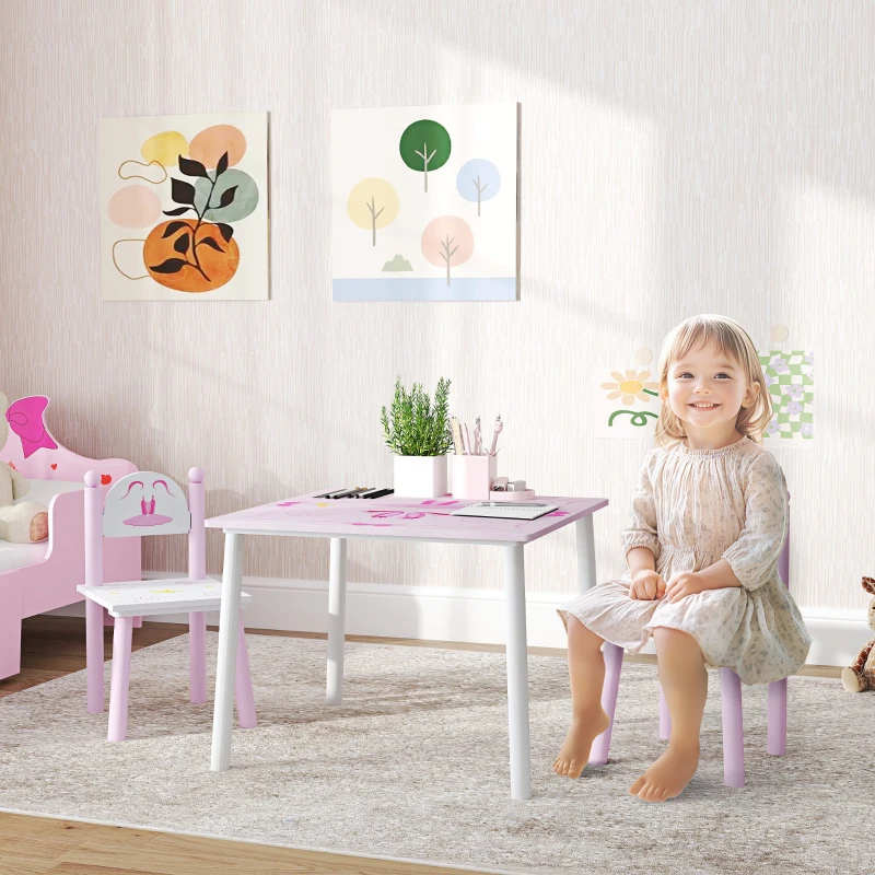 AIYAPLAY Mesa y Sillas Infantiles para Niños de 2-5 Años de 3 Piezas Mesa Infantil con Sillas para Sala de Juegos Rosa y Blanco
