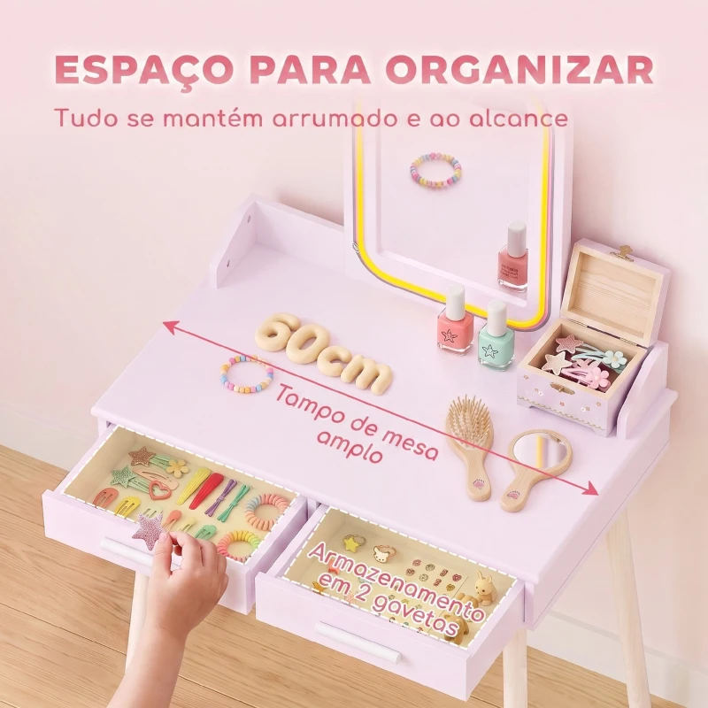 AIYAPLAY Toucador Infantil para Menina com Espelho LED de 3 Cores, Banco e 2 Gavetas, 3-8 Anos, Rosa