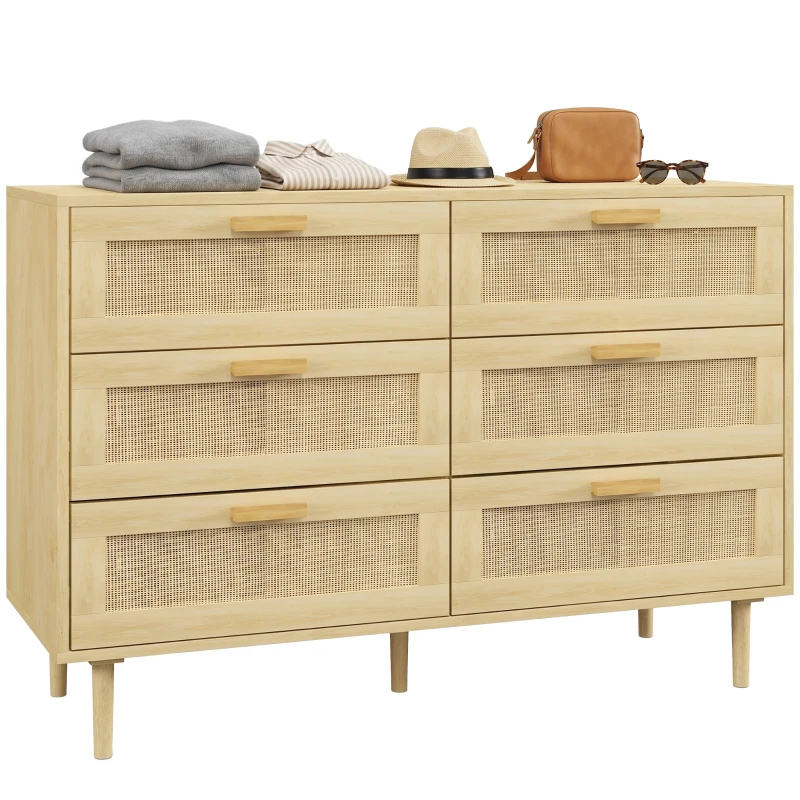 HOMCOM Chest of Drawers, 6-Drawer Dresser, Tall Storage Drawer Unit with Rattan Element for Bedroom, Living Room, Oak