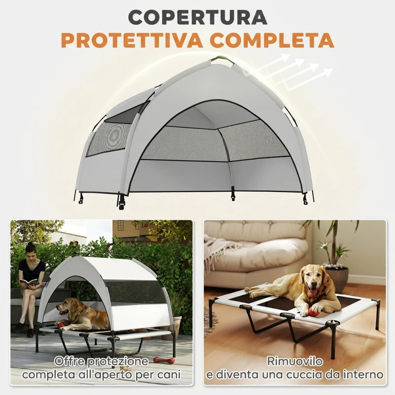 PawHut Lettino per Cani con Copertura a 3 Lati Rimovibile, in Poliestere e Acciaio, 106x76x94 cm, Grigio Chiaro e Nero