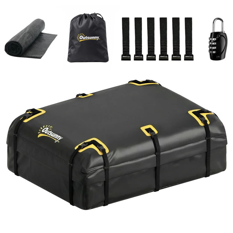 Outsunny Auto Dakbox 595 Liter Opvouwbaar Waterdicht Dakbagagedrager met Antislipmat 10 Verstelbare Riemen 6 Deurhaken