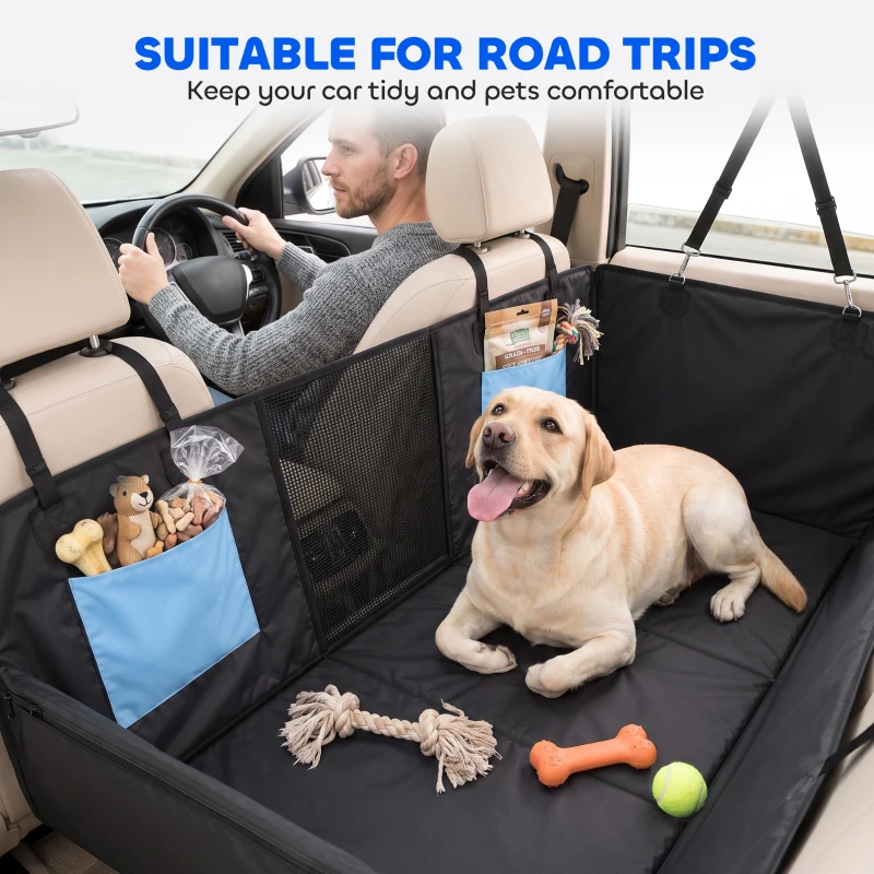 PawHut Dog Car Seat Cover, Waterproof Dog Travel Hammock w/ Non-Slip & Anti-Scratch Surface, Mesh Window and Pockets, Blue