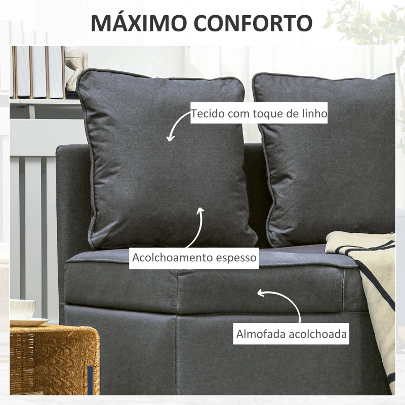HOMCOM Sofá Cama 3 em 1 Sofá de 2 Lugares com Encosto Ajustável Sofá Cama Individual com Almofadas 65x98x69 cm Cinzento