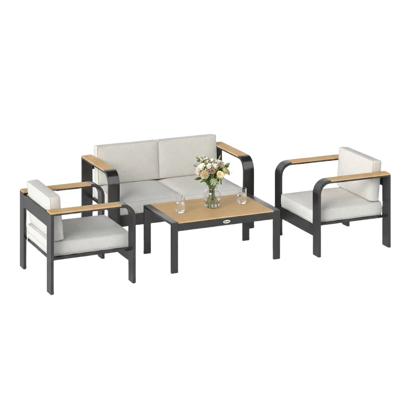 Outsunny Tuinmeubelset aluminium zitgroep voor 4 personen waterafstotend extra diep met 2-zitsbank, 2 fauteuils en bijzettafel