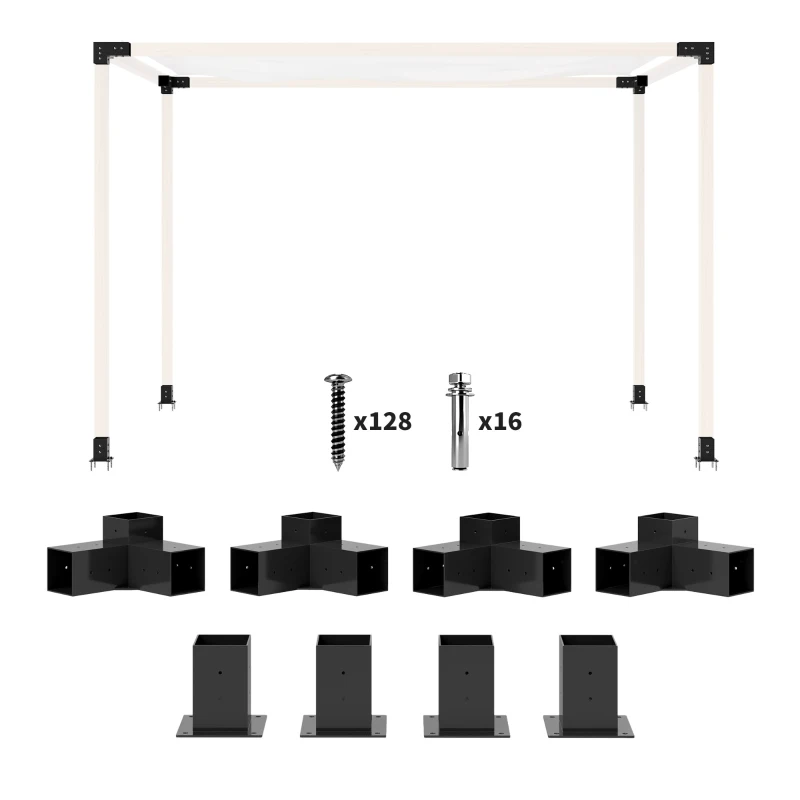 Outsunny Pergola Kit, DIY Pergola Brackets with 3-Way Pergola Corner Brackets and Post Base for 92mm Lumber