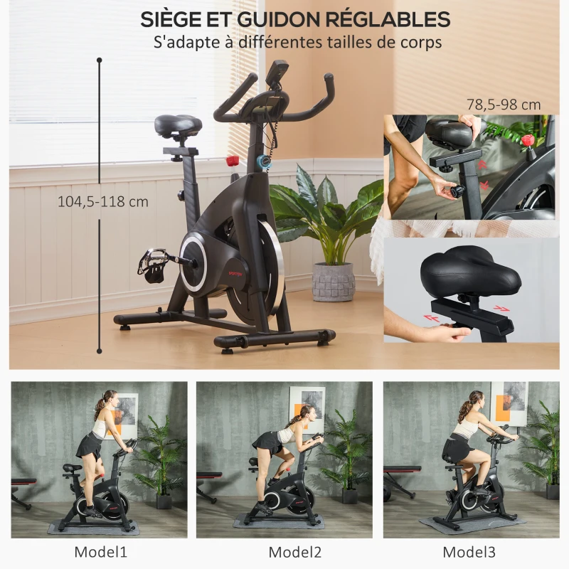 SPORTNOW Vélo d'appartement fitness silencieux résistance, selle et poignée réglables, écran LCD, support tablette, noir