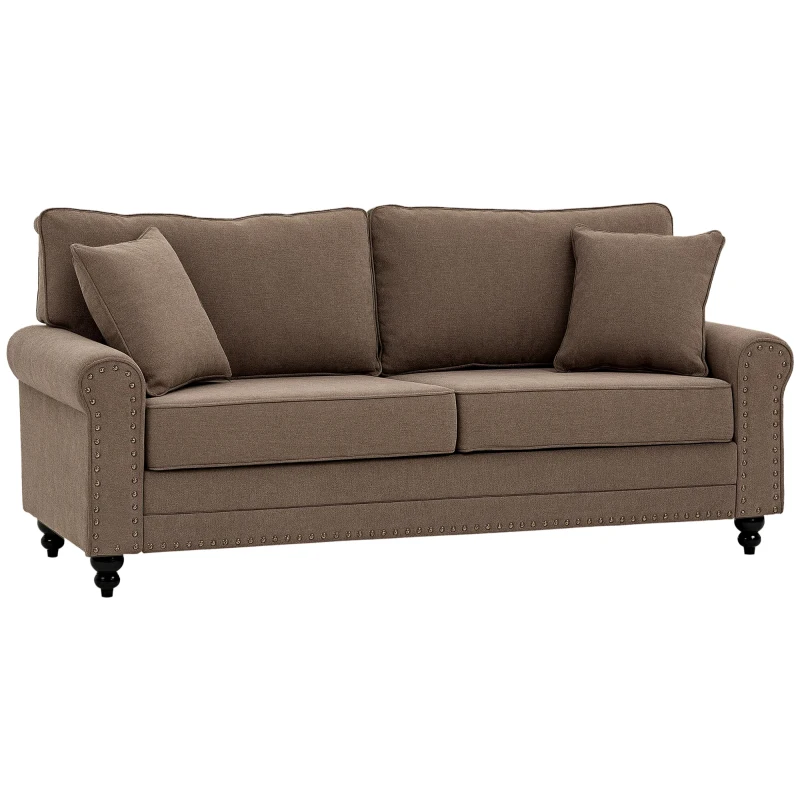 HOMCOM 196cm 3 Seater Sofa, Fabric Sofa with Rubber Wood Legs, Nailhead Trim, 2 Pillows, Small Upholstered Couch Settee for Living Room, Guest Room, Brown