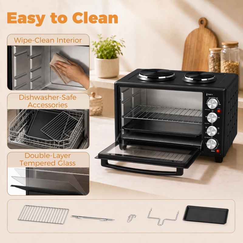 HOMCOM 36L Mini Oven with Dual Hot Plates, Electric Countertop Cooker with Convection, 90–230°C Adjustable Temperature