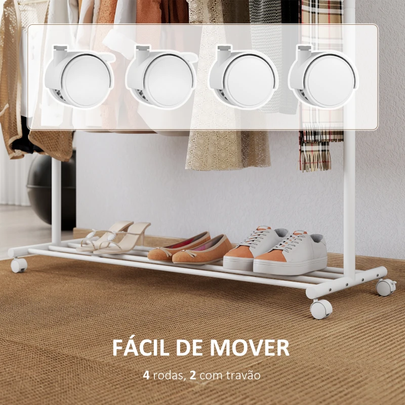 HOMCOM Charriot com Rodas 5 Ganchos Barra para Pendurar e Prateleira Inferior 120x43x171 cm Branco