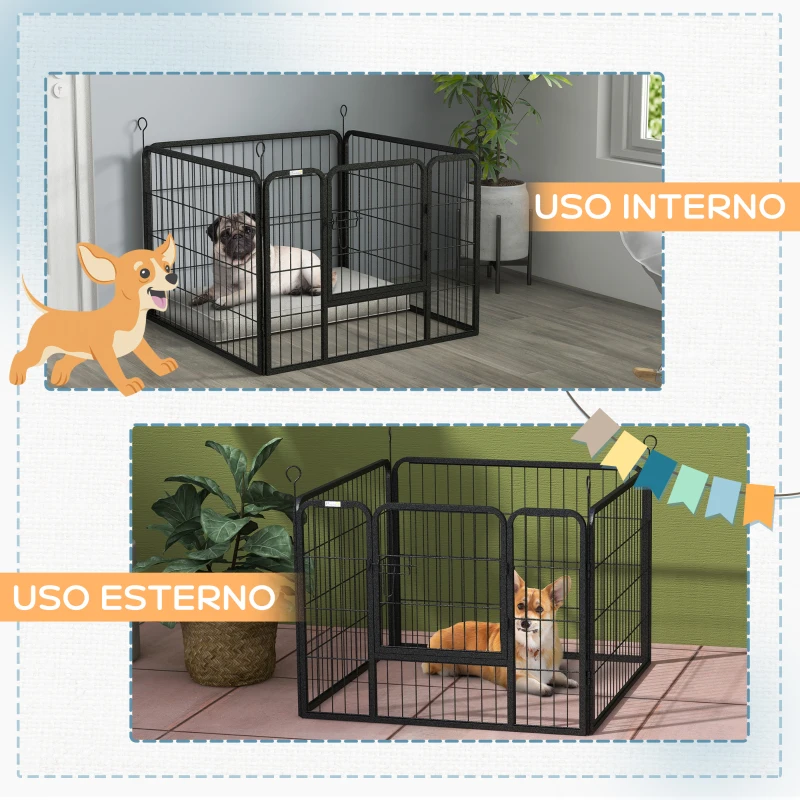 PawHut Recinto per Cani Pieghevole in Metallo, per Interno ed Esterno con Porta e Picchetti, 82x82x60cm Grigio