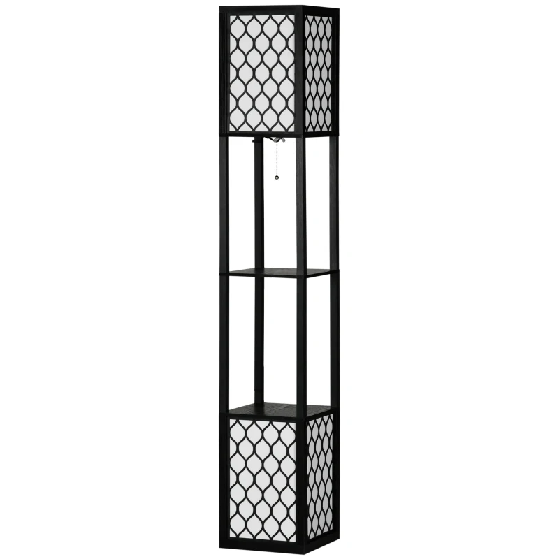 HOMCOM Candeeiro de Pé de Madeira com Estantes Lâmpada E27 Máx. 40W com Interruptor 26x26x156cm Preto e Branco