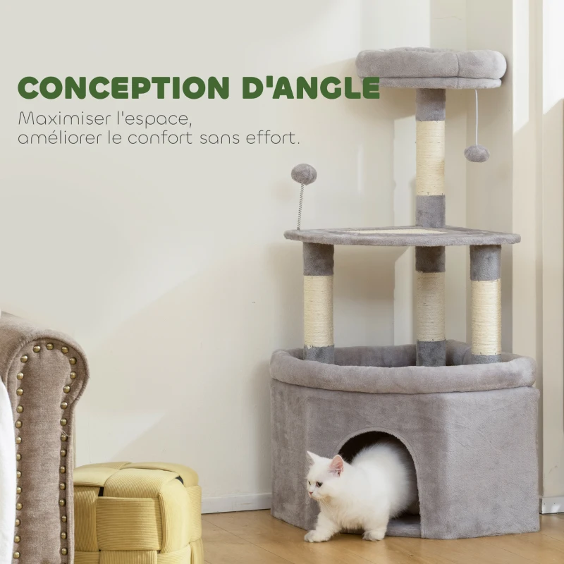 PawHut Arbre à chat tour de jeux pour chats griffoirs sisal, plate-forme, niche, tissu peluche, balles, 49x49x114cm gris clair