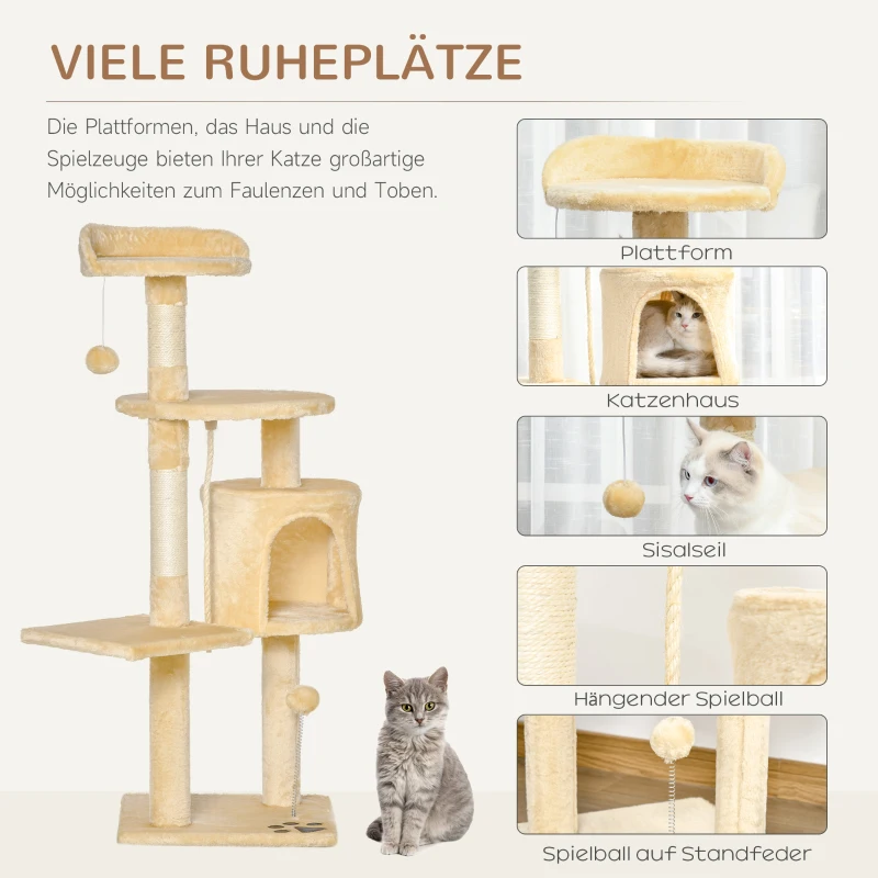 PawHut Katzenbaum Kratzbaum Schlafhöhle Kletterbaum mit Spielbaum Treppe Schlafplatz für Katzen 4 Schichte Beige 40 x 40 x 114 cm