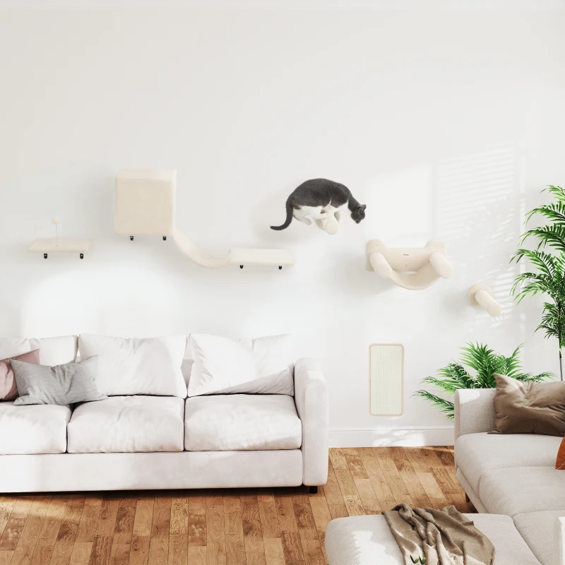 PawHut Juego de Escalada para Gatos de Pared de 6 Piezas con Condominio Plataforma Hamaca Escaleras y Tabla de Rascar Beige