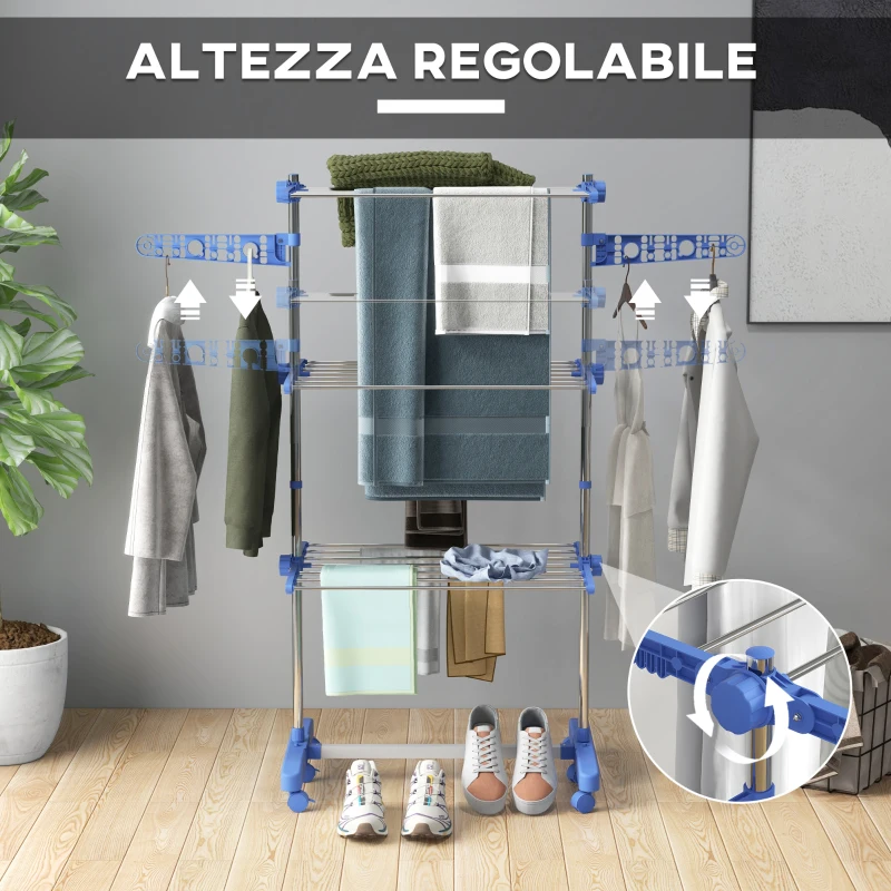 HOMCOM Stendino Verticale con 3 Ripiani Regolabili, in Acciaio e Plastica, 142x55x152 cm, Blu e Argento