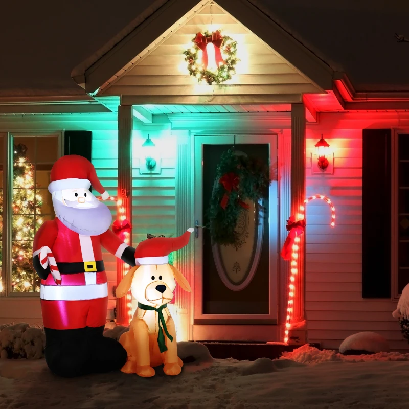 Outsunny Pai Natal Insuflável com Cão 9 Luzes LED IP44 e Inflador Elétrico Decoração de Natal 117x80x157cm Multicolorido