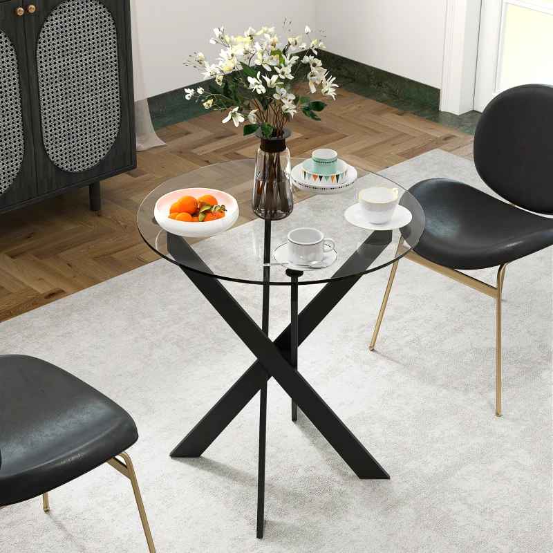 HOMCOM Moderne glazen eettafel, Ø70 cm, keukentafel met gehard glasblad en metalen poten, voor 4 personen