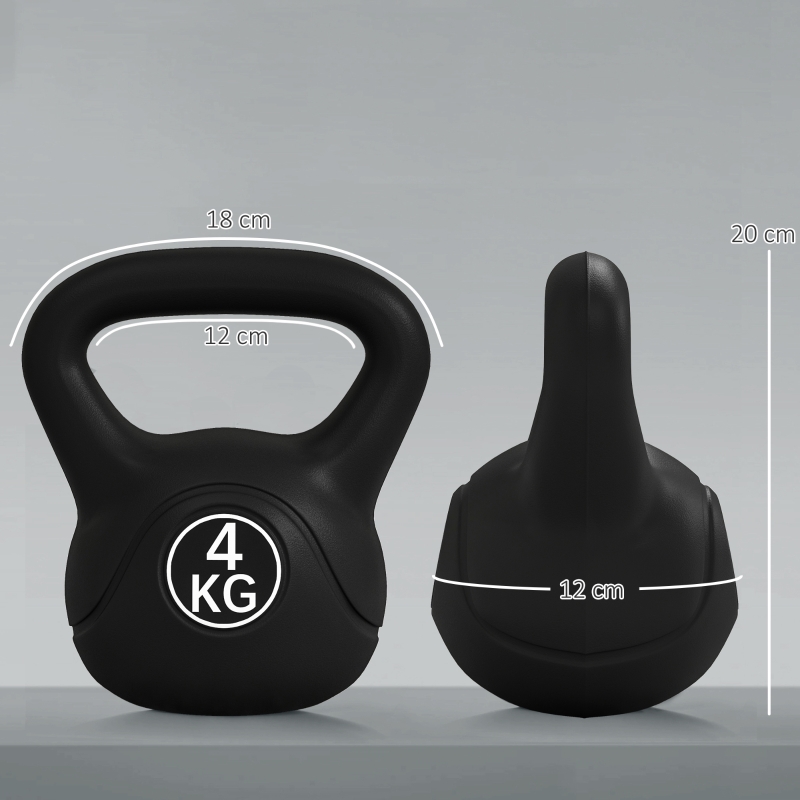 HOMCOM Kettlebell 4kg in Plastica e Sabbia con Base Piatta e Impugnatura, 18x12x20 cm, Nero