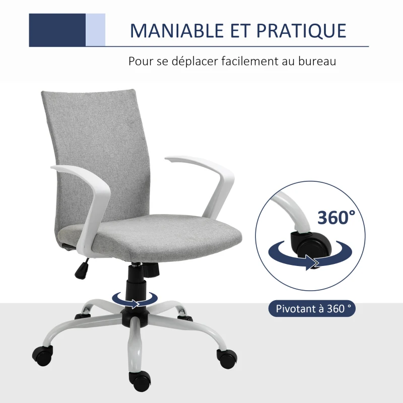 Vinsetto Chaise bureau fauteuil de bureau chaise ergonomique avec hauteur réglable, fonction à bascule, siège de bureau à roulettes pivotantes, charge 120 Kg, 61 x 61 x 99 cm gris clair et blanc