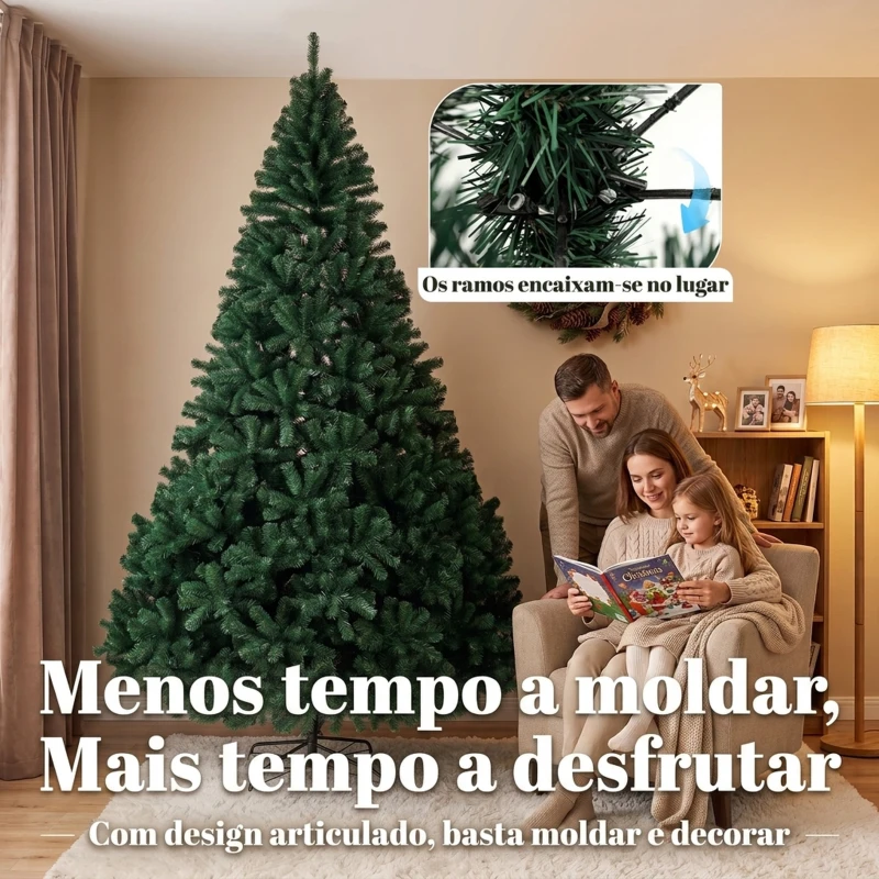 HOMCOM Árvore de Natal em Abeto 270 cm com Ramos Articulados, 2418 Pontas em PVC Ignífugo, Montagem Rápida, Base em Aço, Verde