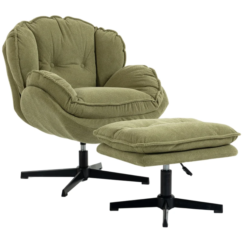 HOMCOM Armchair with Adjustable Footstool, 360-Degree Swivel Chenille Cloud Accent Chair with Thick Cushion, Steel Base, Green