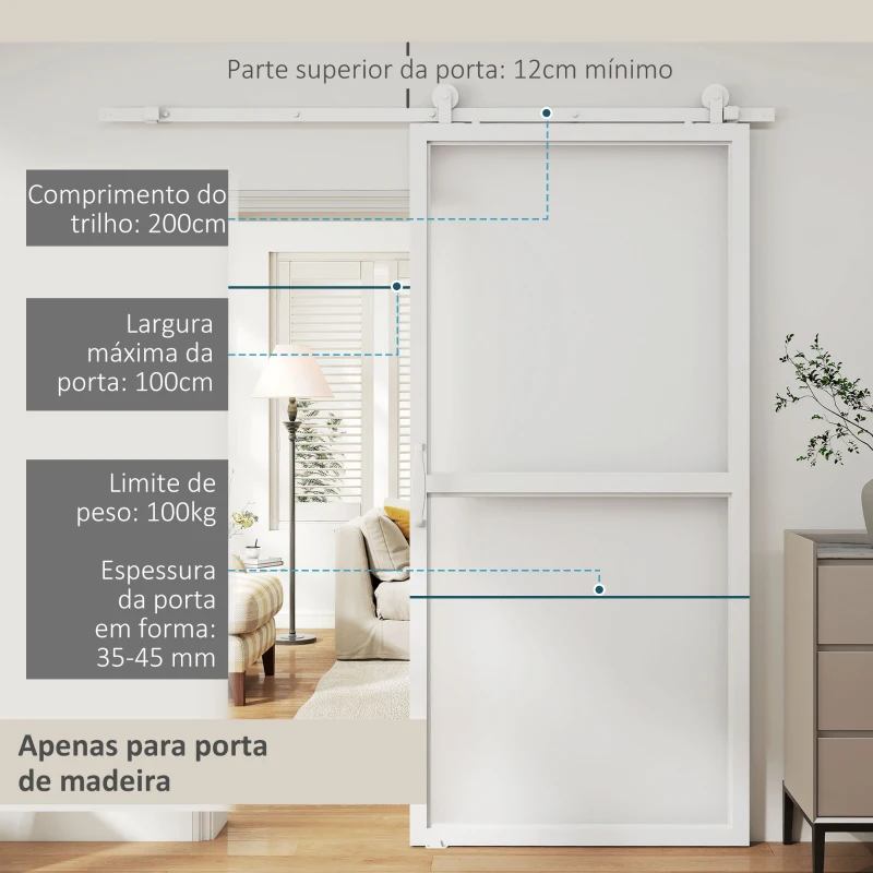 HOMCOM Ferragem para Porta de Correr Kit de Acessórios para Porta Corredeira com 2 Trilhos de Aço de Carbono 200x40x0,6 cm Branco