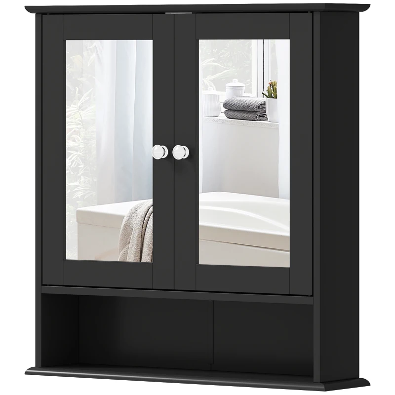 kleankin Armário de Casa de Banho com Espelho Armário de Parede com 2 Portas Prateleira Aberta e Ajustável 56x13x58cm Preto