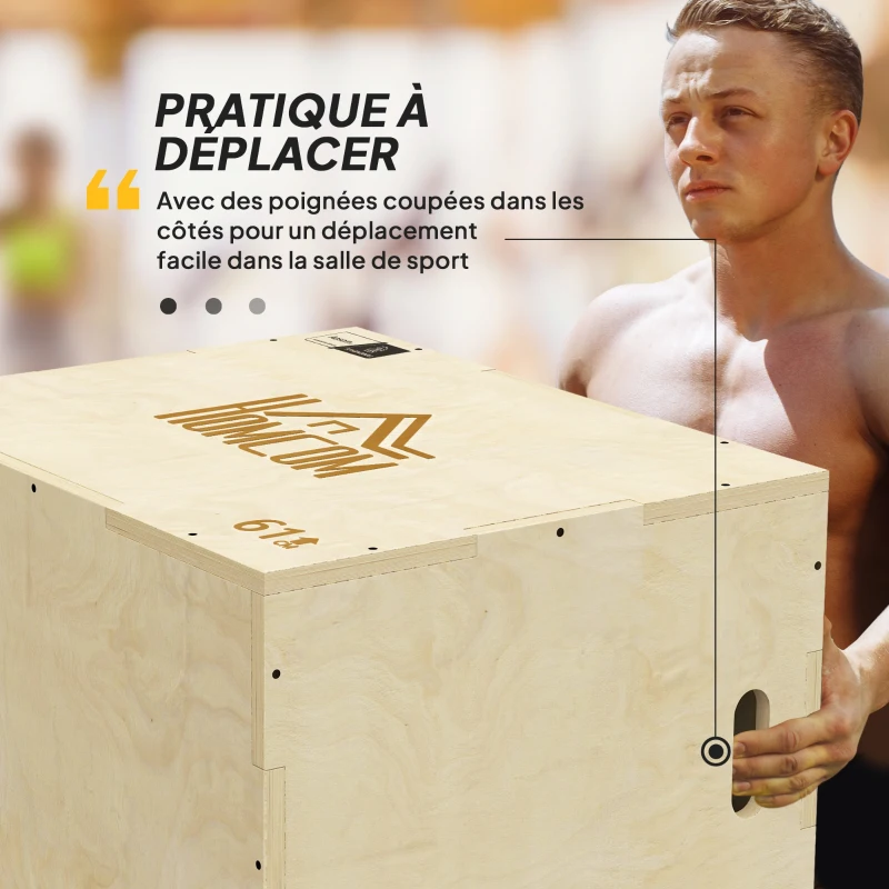 Box jump pliométrie 3 en 1 - Collaboration Aosom.fr x FFHandball - saut musculation fitness 61x51x76cm bois