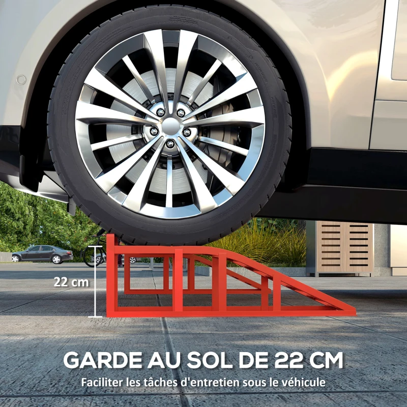 HOMCOM Lot de 2 Rampes d'Accès pour Voiture 3T en Acier, Surface Antidérapante, 83,5 x 30,5 x 27 cm, Rouge