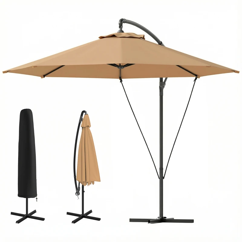 Outsunny Chapéu de Sol Excêntrico Ø 290 cm Chapéu de Sol de Jardim com Base Cruzada Capa de Proteção e Corda de Vento Cáqui