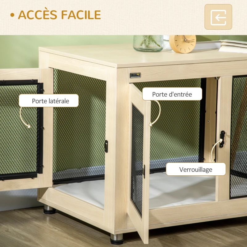 PawHut Cage pour chien sur pied avec coussin amovible acier noir et aspect bois - 94 x 60 x 71,5 cm coloris bois naturel