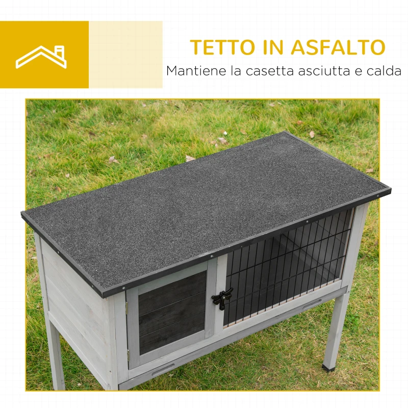 PawHut Conigliera Rialzata in Legno da Esterni con Tettuccio Apribile e Vassoio per Roditori 86x45x70cm