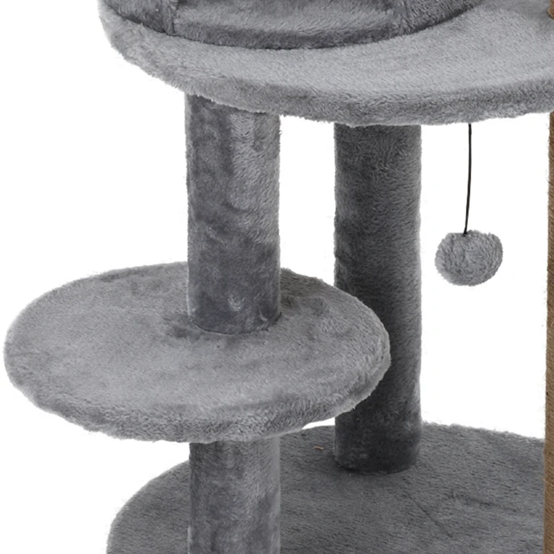 PawHut krabpaal kattengrot kattenhuis 4 verdiepingen met speelballen zitstok, sisalzuil en krabplank, groot, stevig, luxe, sisal pluche grijs 48 x 48 x 104 cm(m-12)