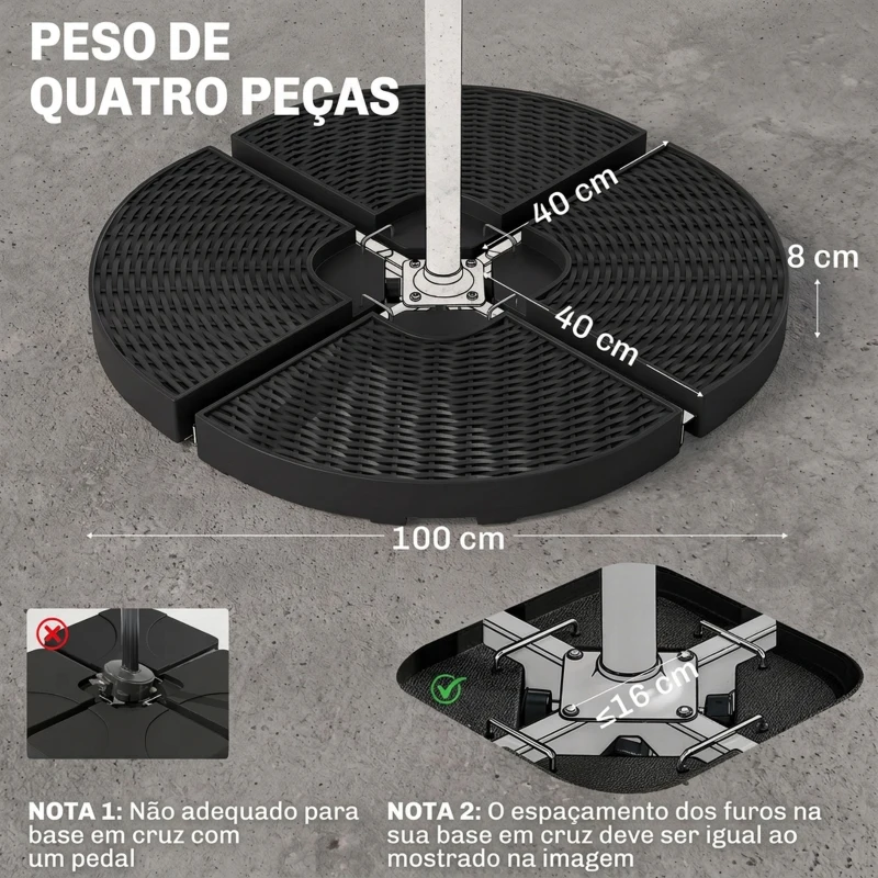 Outsunny Base para Chapéu de Sol de 4 Peças Recarregável com Areia 68 kg ou Água 52 kg para Jardim Pátio ou Terraço Preto